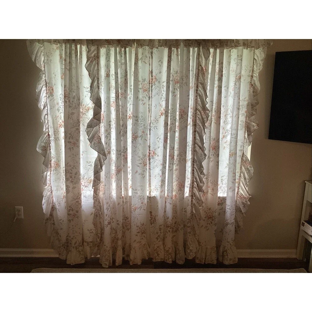 vintage jc penney curtains set of 4 floral ruffles 82L”x48W” 4 tie backs cottage